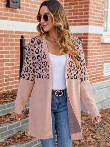 Calvaya Áo len cardigan dài tay họa tiết da báo cỡ lớn, thường ngày đa năng, cho mùa đông - Bụi hồng - Xem 4
