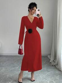 Elenzga Đầm dài tay thắt nút trang trí 3D màu tương phản thanh lịch cho nữ, trang phục thu đông năm mới cho phụ nữ - Đỏ - Xem 7