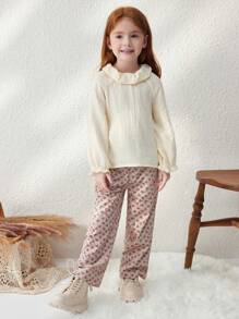 Blossori Blusa Jovem de Babados Casuais em Cor Damasco, Elegante Estilo Francês, Outono/Inverno