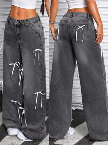 SHEIN ICON 女式低腰蝴蝶结装饰洗水牛仔裤