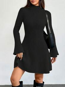 Chiquease 女士纯色高领长袖优雅毛衣裙，秋冬 - 黑色 - 查看 5