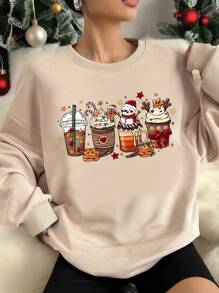 SHEIN EZwear Christmas Casual Gingerbread Man Minimalist Print Round Neck Loose Long Sleeve Sweatshirt For Women