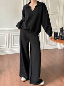 DAZY 2pcs Set: Solid Color Sweater And Wide Leg Pants For Women
