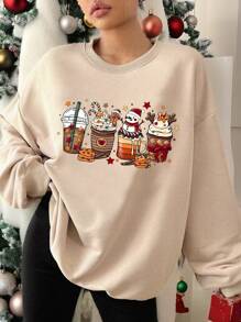 SHEIN EZwear Christmas Casual Gingerbread Man Minimalist Print Round Neck Loose Long Sleeve Sweatshirt For Women