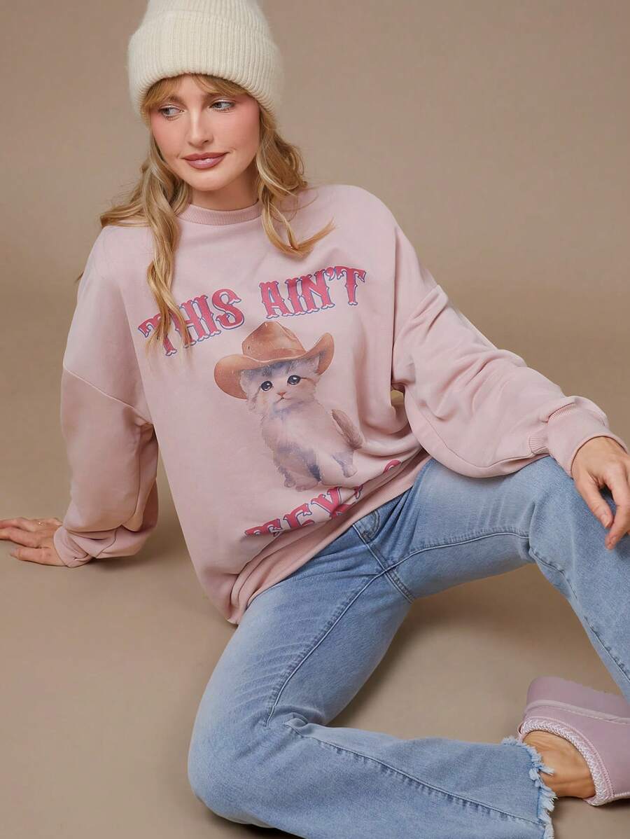 WESTFADE 圆领超大法式毛圈布长袖德克萨斯小猫牛仔帽印花西部图案运动衫