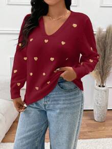 SHEIN Frenchy Suéter holgado con escote en V y corazón con lentejuelas, color dorado, para invierno, talla grande - Burdeos - Ver 6
