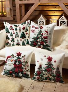 4 件天鹅绒圣诞雪人圣诞老人仿刺绣抱枕套可爱农舍绿红色舒适柔软装饰枕套单面印花 18 英寸 * 18 英寸适用于圣诞节家庭客厅卧室沙发床装饰无枕芯 - 白色 - 查看 1