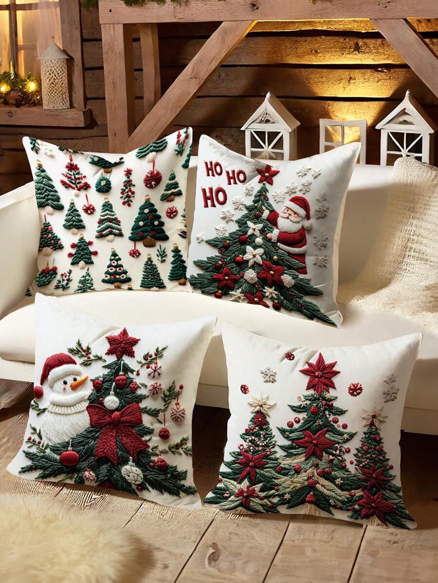 4 件天鹅绒圣诞雪人圣诞老人仿刺绣抱枕套可爱农舍绿红色舒适柔软装饰枕套单面印花 18 英寸 * 18 英寸适用于圣诞节家庭客厅卧室沙发床装饰无枕芯 - 白色 - 查看 1