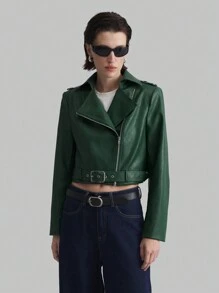 Ontre Jachetă scurtă de motocicletă, jachetă casual pentru femei cu fermoar, îmbrăcăminte de îmbrăcăminte, verde pădure cu mânecă lungă, guler cu fermoar, jachetă, toamnă/iarnă - Verde inchis - Vizualizare 6