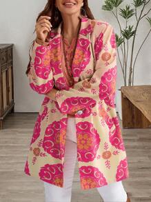 EMERY ROSE 大码女式乡村民族风花卉印花翻领单排扣长款夹克，女士冬装 - 彩色 - 查看 1