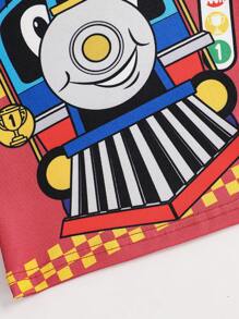 2pcs Young Boys Red Simple Train Print Long Sleeve Snug Fit Lounge Set - Red - View 5