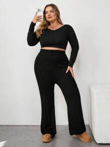 SHEIN CURVE+ Plus Size Women Solid Color Minimalist High Waist Jacquard Flare Pants, Knitted Trousers For Casual Daily Wear, Autumn & Winter - Black - View 6