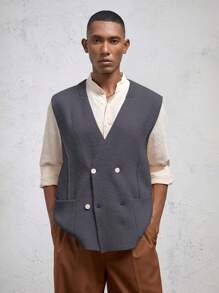 AKNOTIC Business Casual Men's Loose Fit V-Neck Knit Casual Sleeveless Vest, Suitable For Everyday Wear, For Fall Winter - Dark Grey - View 3