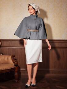 Vintamour Abrigo capa elegante con cuello de pie de unicolor para mujer, para otoño/invierno - Gris - Ver 4