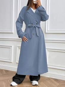 SHEIN Unity Áo khoác dài thường ngày cổ bẻ hai hàng khuy màu trơn cho nữ, mùa thu - Màu xanh bụi bặm - Xem 3