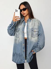 SHEIN EZwear Women Loose Fit Long Sleeve Blue Denim Jean Jacket, Casual - Blue - View 6