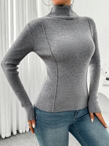 Chiquease Elegant Patchwork Ribbed Turtleneck Top For Women, Autumn & Spring Knit Pullover Fall Winter Outfit - Dark Grey - View 4