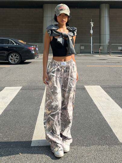 Muchica Pantalones de pierna ancha de mujer de cintura elástica con estampado integral