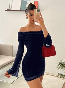 SHEIN EZwear 女士露肩喇叭袖短款连衣裙 - 藏蓝色 - 查看 3