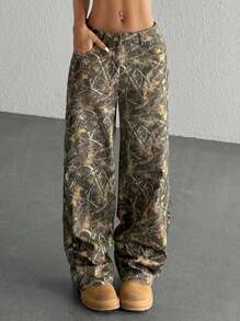 SHEIN EZwear 女士树枝印花贴袋直腿宽松休闲裤 - 棕色 - 查看 4