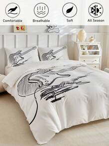 2/3 件黑白吉他素描数码印花涤纶羽绒被套套装，时尚简约现代风格，适合所有季节（1 个羽绒被套 + 1/2 个枕套） - 黑與白 - 查看 2