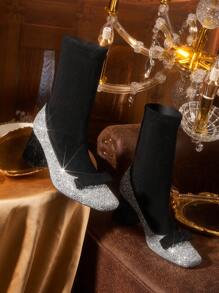 CUCCOO TILAWA Botas casuais de cano alto, bico quadrado, salto grosso, com estampa xadrez patchwork preta, laço decorativo e estilo versátil para mulheres, perfeitas para o Natal, Ano Novo e outras festas de fim de ano. - Multicolorido - Ver 3