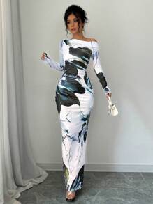 Rafferiza Elegant Women Floral Print Asymmetric Neck Long Sleeve Cinched Waist Dress, Autumn Maxi Women Outfit Fall Cloth For Women