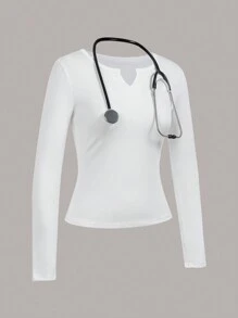 TaskEZ Plain Notched Neck Long Sleeve Scrub Uniform Top - Multicolor - View 9