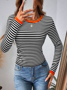 SHEIN LUNE Camiseta de manga larga con cuello redondo, estilo casual a rayas y color contrastante, atuendo básico de otoño/invierno para mujer