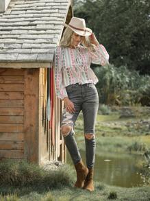 LanaWest Women's Casual Striped Pattern Tie-Front Bow Design Blouse, Autumn/Winter Peplum Top - Multicolor - View 6