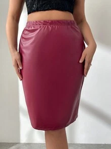 SHEIN Privé 大码女式优雅时尚简约性感拉链前开衩下摆仿皮裙适合派对、秋冬季 - 酒紅色 - 查看 3