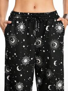 ROMWE Hippie 女士星月全印花休闲裤，适合日常穿着的休闲裤 - 黑色 - 查看 5