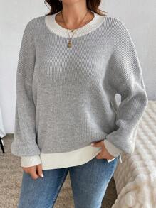 SHEIN LUNE Plus Size Contrast Color Ribbed Crew Neck Loose Pullover Sweater - Grey - View 5