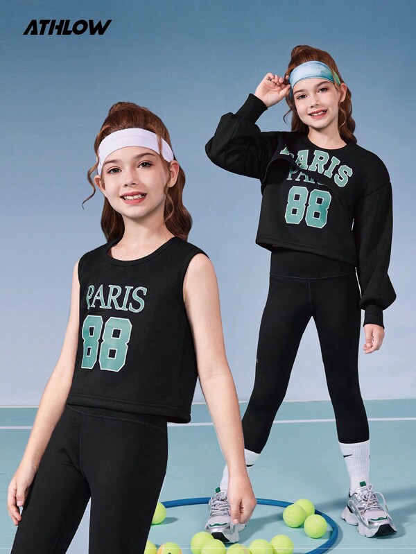 SHEIN 2 buc/Set Tween Fete Stil Sport, Imprimare engleză, Decolteu cu mânecă lungă, Hanorac și maiouri, Toamnă/Iarnă