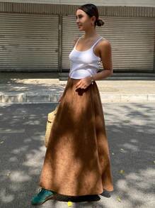 DAZY 女式 A 字型绒面革半身裙，中腰，松紧腰带，纯色，秋冬 - 棕色 - 查看 7