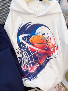 SHEIN 2pcs Teen Boys Casual Streetwear Sports Basketball Print White Hoodie Sweatshirt And Dark Blue Jogger Pants Set, Autumn/Winter