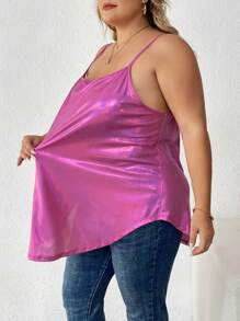 SHEIN CURVE+ CURVE PLUS /Valentine's Day/Plus Size Women's Coated Red Solid Color Backless Top, Valentine's Day - Hot Pink - View 4