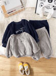SHEIN 4pcs/Set Baby Boy Solid Color Fluffy Warm Long Sleeve Sweatshirt And Pants Set, Casual Home/Outdoor Outfits For Autumn/Winter