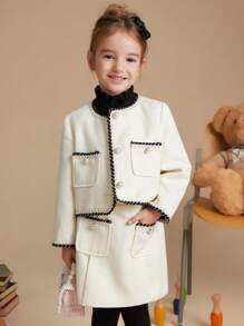 PrepCrw 年轻女孩学院风白色编织缎带装饰前按扣夹克，秋冬 - 白色 - 查看 1