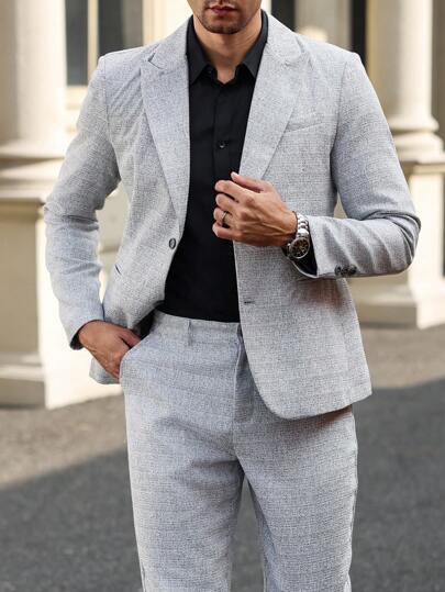 Manfinity Mode 纯色前扣长袖西装外套和口袋装饰裤套装