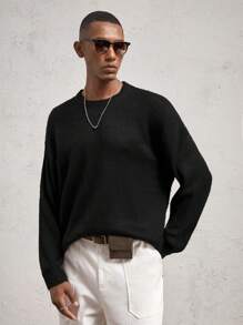 AKNOTIC Business Casual Men's Knit Crewneck Long Sleeve Casual Sweater, Fuzzy Brown Tone, Daily Wear With Leather Brand Logo, For Fall Winter - Black - View 5