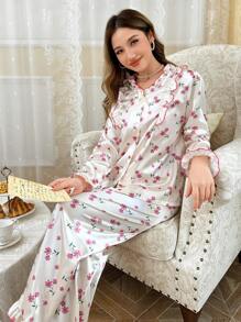 Conjunto de pijama romántico para mujer con estampado floral de seda sintética