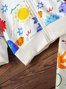 SHEIN 2 件套年轻女孩卡通创意图案柔软连帽拉链夹克 + 休闲裤套装，适合儿童春秋季户外运动和玩耍 - 杏色 - 查看 7