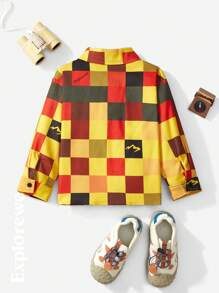 SHEIN Camisa de manga larga casual con estampado de cuadros y bloques de color para niños pequeños, otoño/invierno