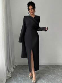 Elenzga 1pc Design Sense V-Neck Flared Sleeve Fitted Slit Dress Maxi Women Outfit - Black - View 3