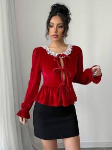 SHEIN Unity Samt Taillenraffung Langarm Damen Bluse, Winter Kleidung für Neujahr - Rot - Übersicht 5