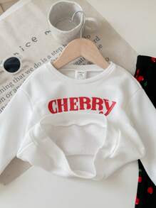 SHEIN Conjunto de sudadera de manga larga blanca con estampado de cerezas lindas y pantalones acampanados de cintura elástica para bebé niña, otoño/invierno - Blanco y Negro - Ver 5