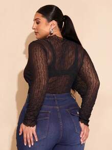 SHEIN BAE 大码女式针织提花微透明长袖紧身衣内衣 - 黑色 - 查看 2