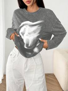 SHEIN EZwear Stir-Fried Acid-Washed Women's Long Sleeve Round Neck T-Shirt