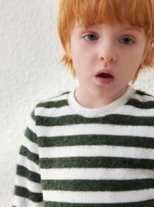 Blossori 年轻男孩优雅法式绿白条纹宽松针织圆领长袖 T 恤，秋冬 - 彩色 - 查看 4